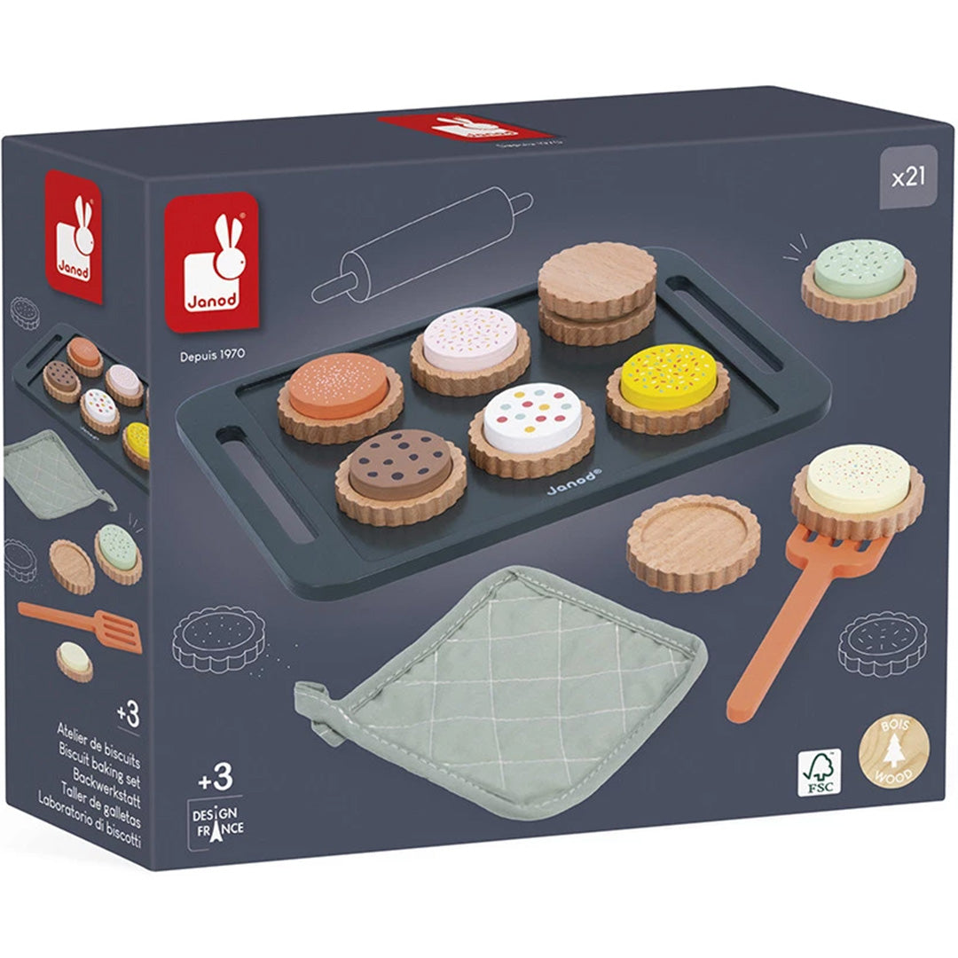 De verpakking van de Janod houten koekjes bakken speelset met een afbeelding van de inhoud.