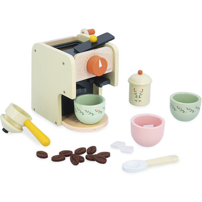 Janod houten keukenspeelset met koffiezetapparaat, twee kopjes, koffiebonen, suikerklontjes en een stamper.