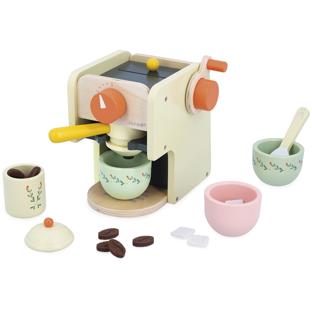 Janod houten keukenspeelset met koffiezetapparaat, twee kopjes, een suikerpot, koffiebonen, suikerklontjes en een lepel.