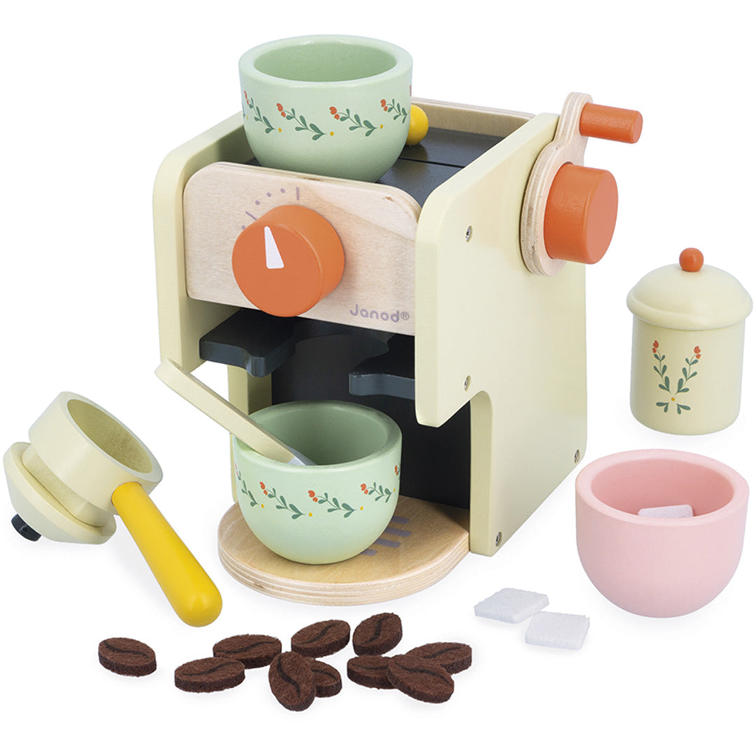 Janod houten keukenspeelset met koffiezetapparaat, twee kopjes, een suikerpot, koffiebonen, suikerklontjes en een lepel.