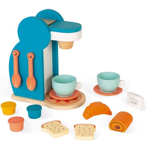 Janod houten koffiezetapparaat en ontbijtset met twee kopjes, lepels, toast, croissant en pain au chocolat.