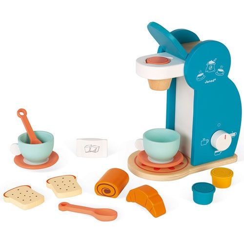 Janod houten koffiezetapparaat en ontbijtset met twee kopjes, lepels, toast, croissant en pain au chocolat.
