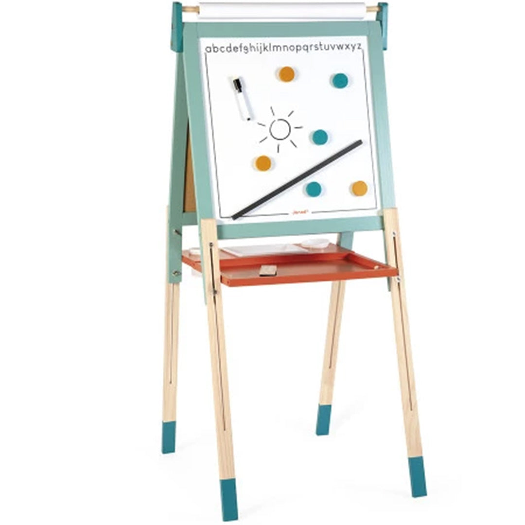 Janod verstelbaar tekenbord met wit magnetisch bord, alfabet en papierrol.