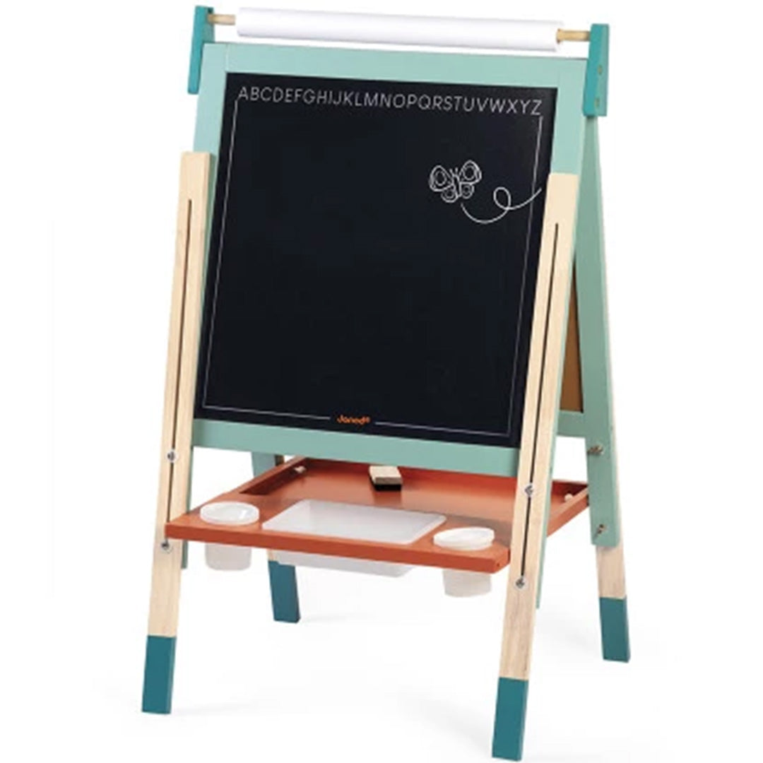 Janod verstelbaar tekenbord met zwart krijtbord, alfabet en een vlindertekening.