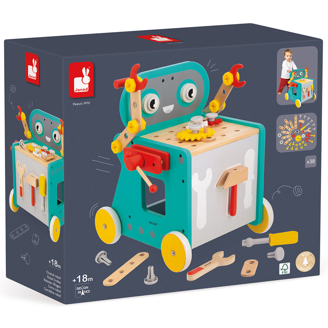 De verpakking van de Janod houten robot loopwagen met afbeeldingen van het product.