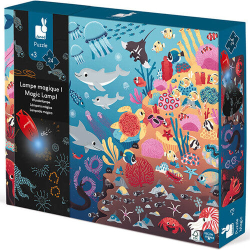 Janod legpuzzel 'De Oceaan' verpakking met kleurrijke onderwaterwereld en magische lamp.