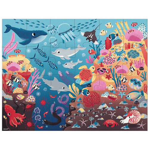 De Janod legpuzzel 'De Oceaan' toont een complete, kleurrijke onderwaterwereld met diverse zeedieren en koralen.
