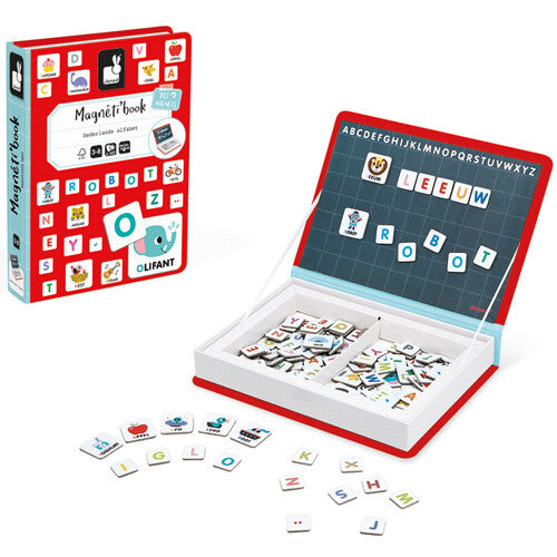 Janod Magnéti'book Nederlands alfabet educatief speelgoed, gesloten en open met magnetische letters en afbeeldingen.