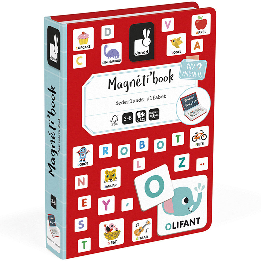 Voorkant van de Janod Magnéti'book Nederlands alfabet verpakking, vormgegeven als een rood boek.