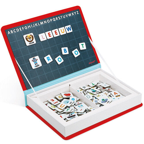 Open Janod Magnéti'book Nederlands alfabet met magnetische letters en afbeeldingen op het bord en in de opbergvakken.