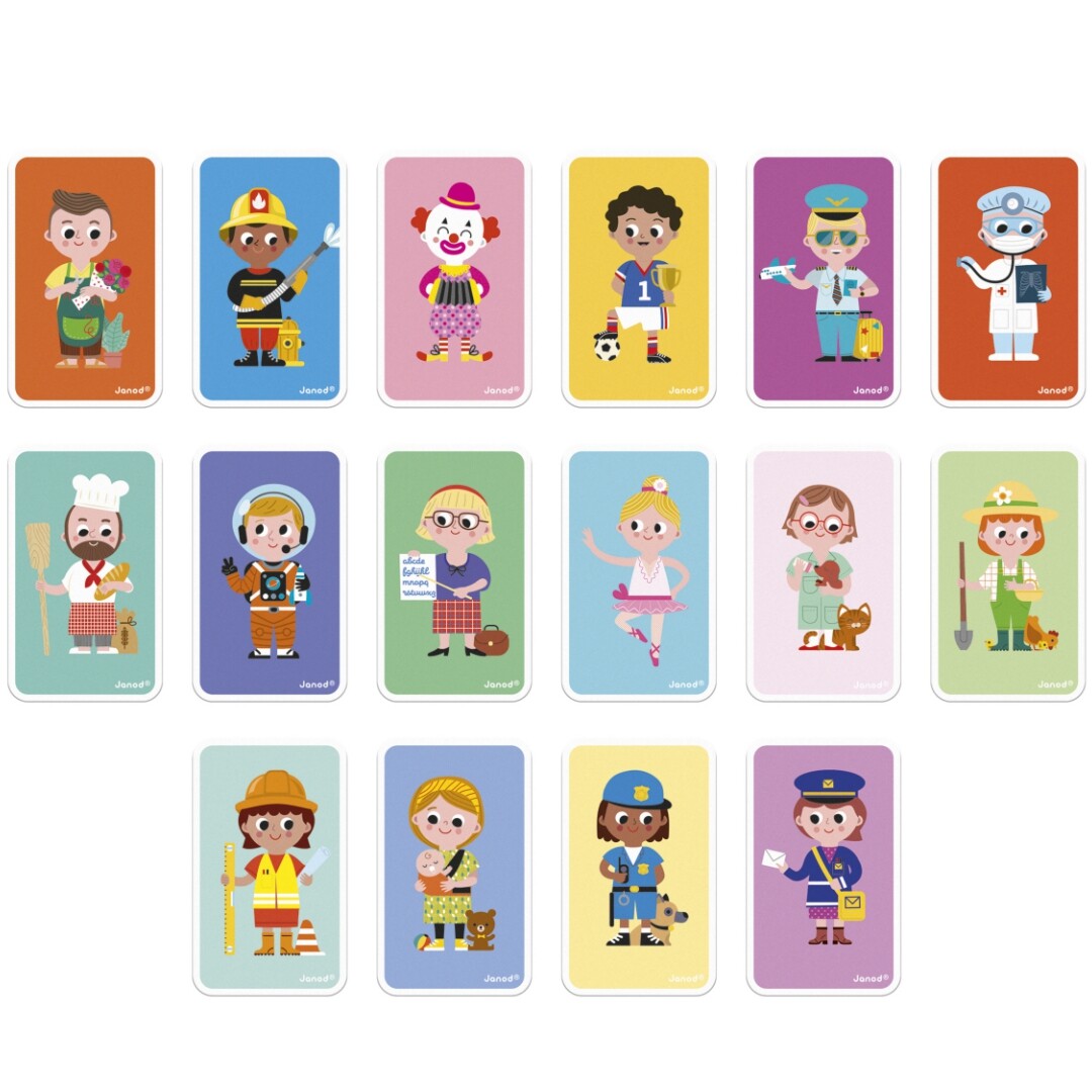 Vijftien Janod voorbeeldkaarten met illustraties van verschillende beroepenfiguren.