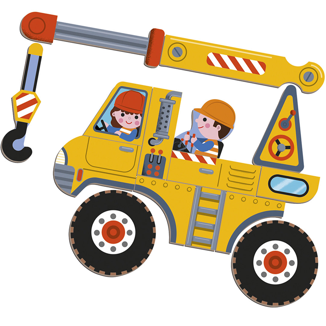 Een samengestelde gele Janod magnetische kraanwagen met twee bouwvakkers.