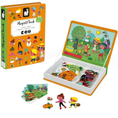 Janod magneetboek De Vier Seizoenen open met magnetische figuren en voorbeeldkaarten.