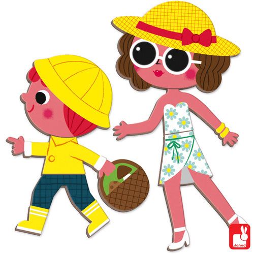 Detail van twee Janod magnetische figuren: een jongen in regenjas en een vrouw met hoed.