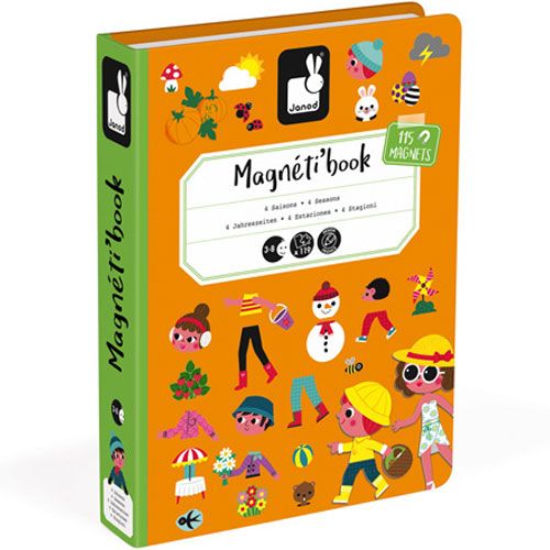 Janod magneetboek De Vier Seizoenen gesloten, staand, met oranje kaft en seizoensillustraties.