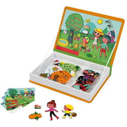 Janod magneetboek De Vier Seizoenen open met magnetische speelstukken en inspiratiekaarten.