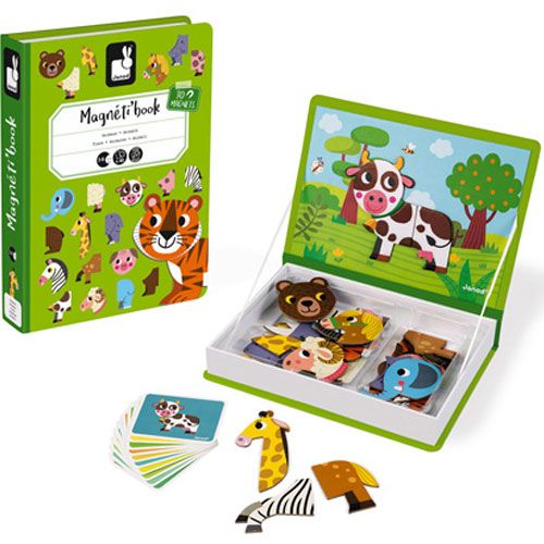 Janod Magnéti'book dieren magnetische puzzel, gesloten en open met losse dierenstukken en voorbeeldkaarten.