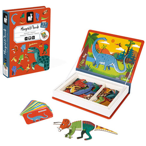 Janod Magnéti'book dinosaurus magneetboek open met losse magnetische dinosaurusstukken, voorbeeldkaarten en de gesloten verpakking.