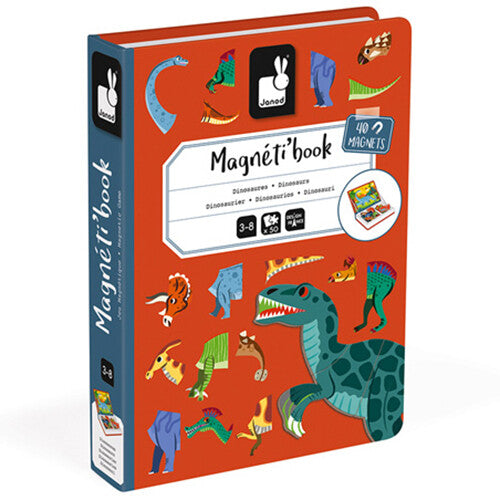 De gesloten Janod Magnéti'book dinosaurus verpakking, staand afgebeeld.