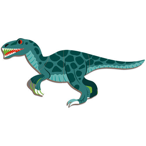 Een gedetailleerd magnetisch dinosaurusfiguur in groen en blauw.