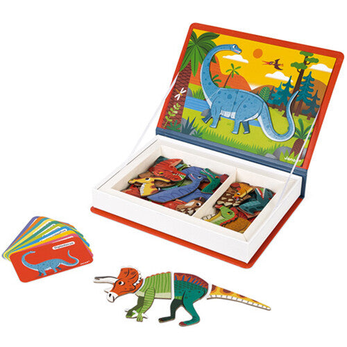 Janod Magnéti'book dinosaurus magneetboek open met losse magnetische dinosaurusstukken en voorbeeldkaarten.