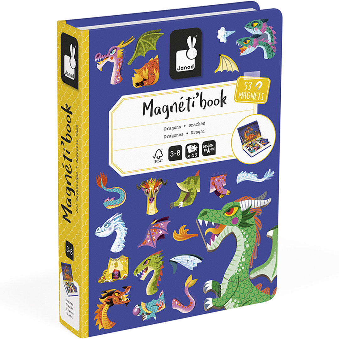 Janod magnetisch drakenboek, gesloten verpakking met diverse drakenfiguren.