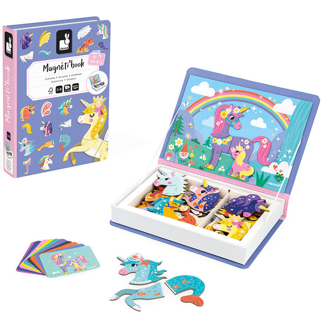 Janod magneetboek met eenhoorns, open en gesloten, met losse magneetstukken en voorbeeldkaarten.