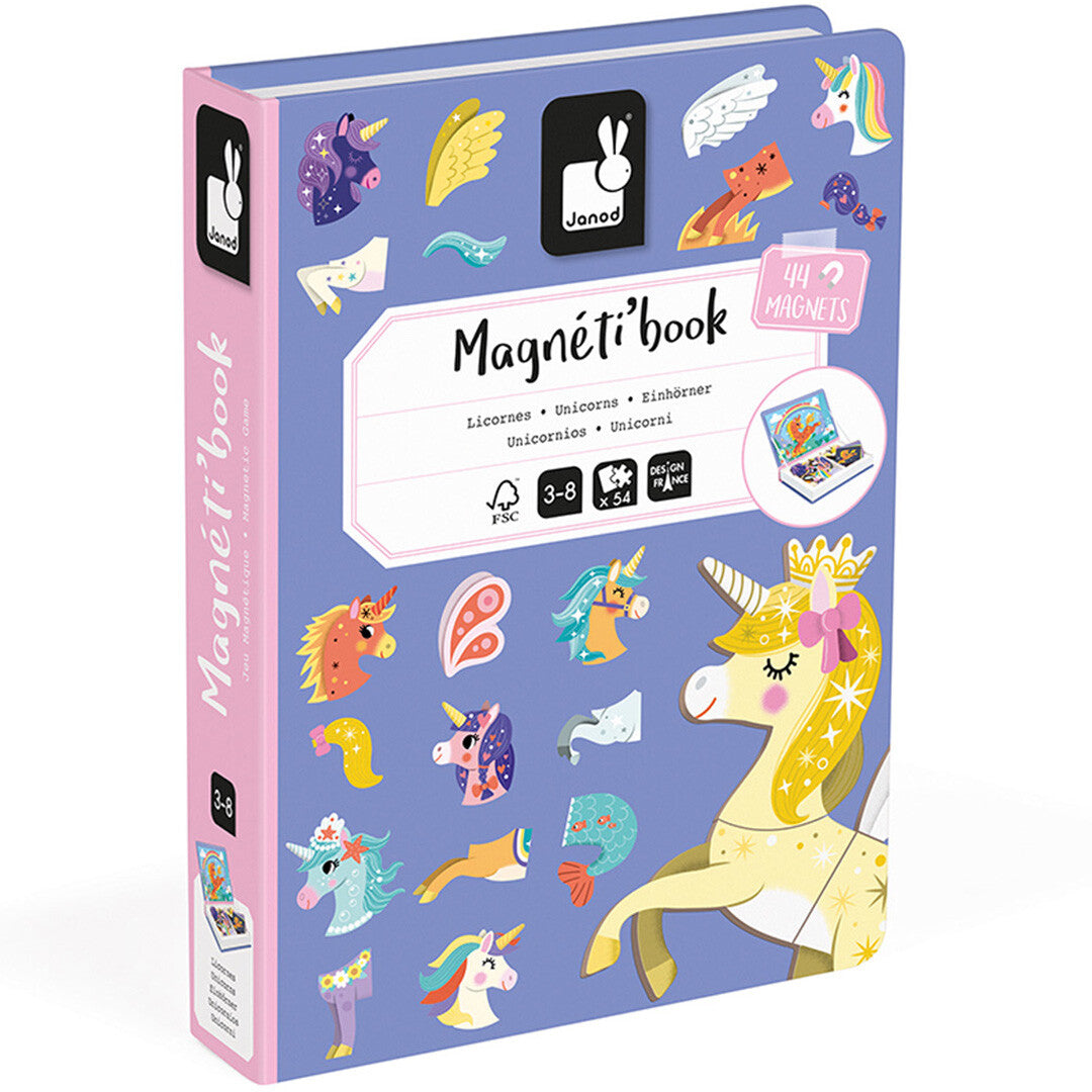 De Janod Magnéti'book verpakking met eenhoornafbeeldingen en productinformatie.