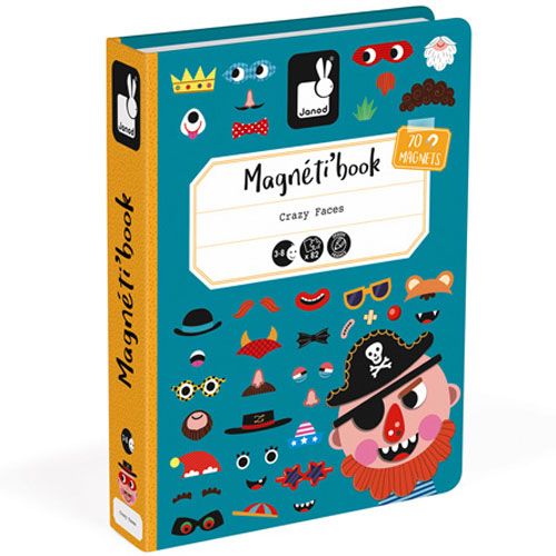 Janod magneetboek 'Gekke Gezichten' in gesloten verpakking met illustraties van diverse gezichtsonderdelen en een piraat.