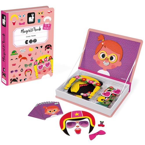 Janod magneetboek 'Crazy Faces' voor meisjes, open met magnetische gezichtsdelen en gesloten boek ernaast.