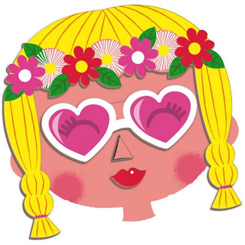 Detail van een magnetisch gezichtsstuk met een meisje met blonde vlechten, bloemenkrans en roze hartjesbril.