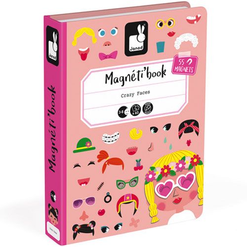 De voorkant van de Janod magneetboek 'Crazy Faces' verpakking met illustraties van gezichtsdelen.