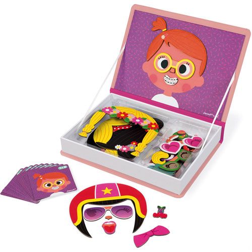 Janod magneetboek 'Crazy Faces' voor meisjes, open met magnetische gezichtsdelen en voorbeeldkaarten.