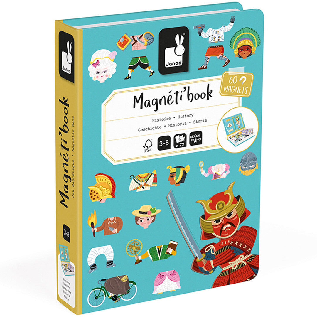 Janod magneetboek geschiedenis, een gesloten verpakking met illustraties van historische figuren.