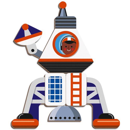 Detail van een Janod magnetisch stuk dat een ruimtevoertuig met astronaut vormt.