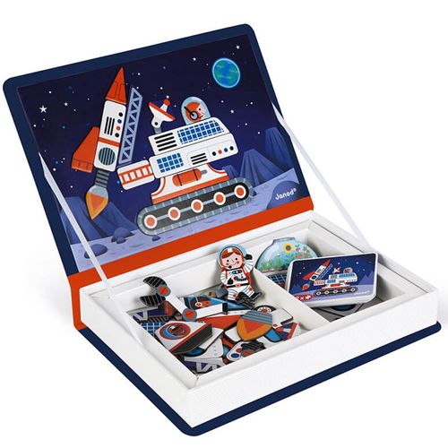 Janod magneetboek heelal open met een raket en ruimtevoertuig op de achtergrond, en losse magneten.