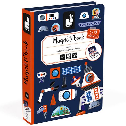De verpakking van het Janod magneetboek heelal, met illustraties van ruimtevoertuigen en astronauten.