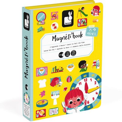 Voorkant van de Janod magneetboek 'klok kijken' verpakking met gele kaft en illustraties.