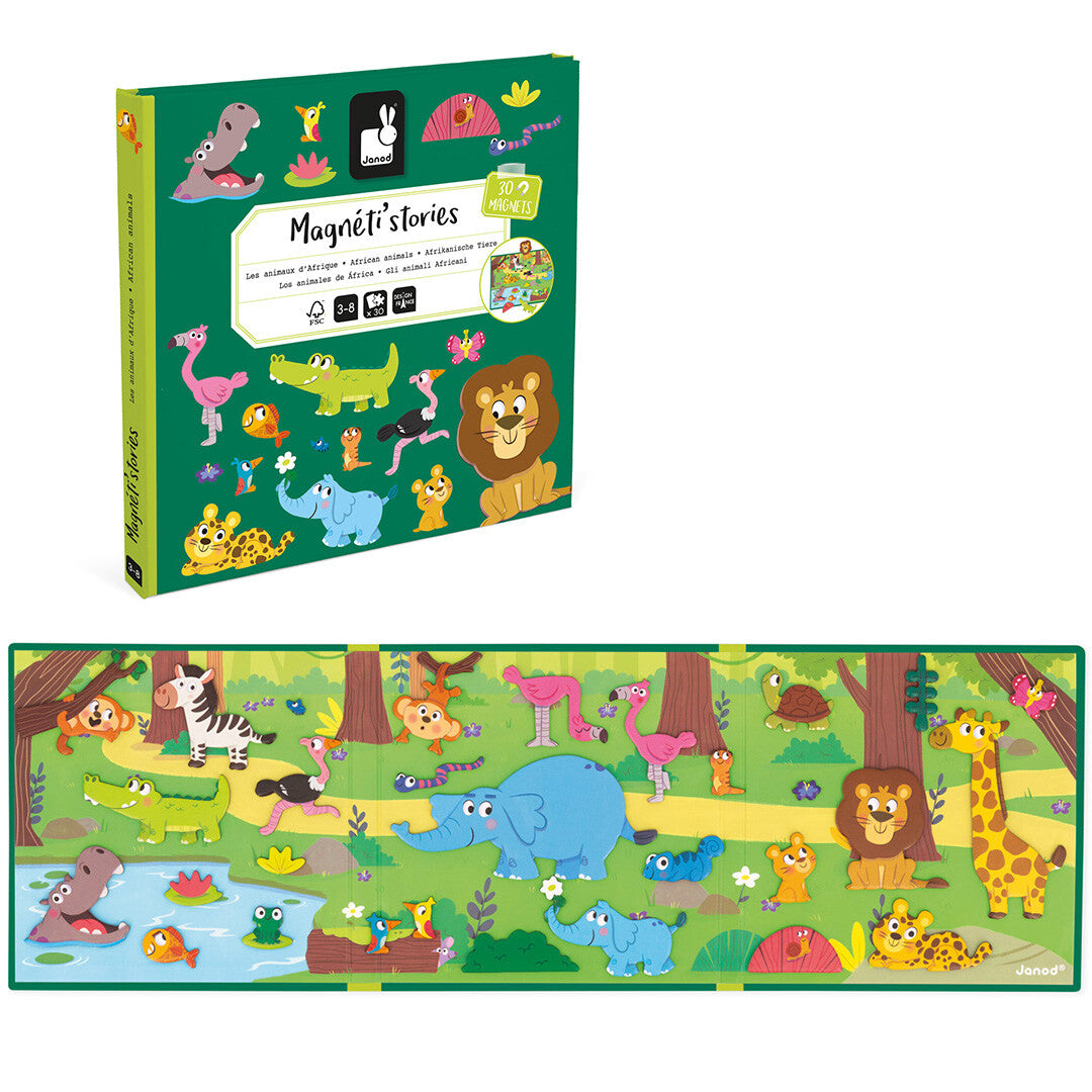 Janod Magnéti'stories magnetisch speelboek met Afrikaanse dieren en de uitgevouwen speelmat.