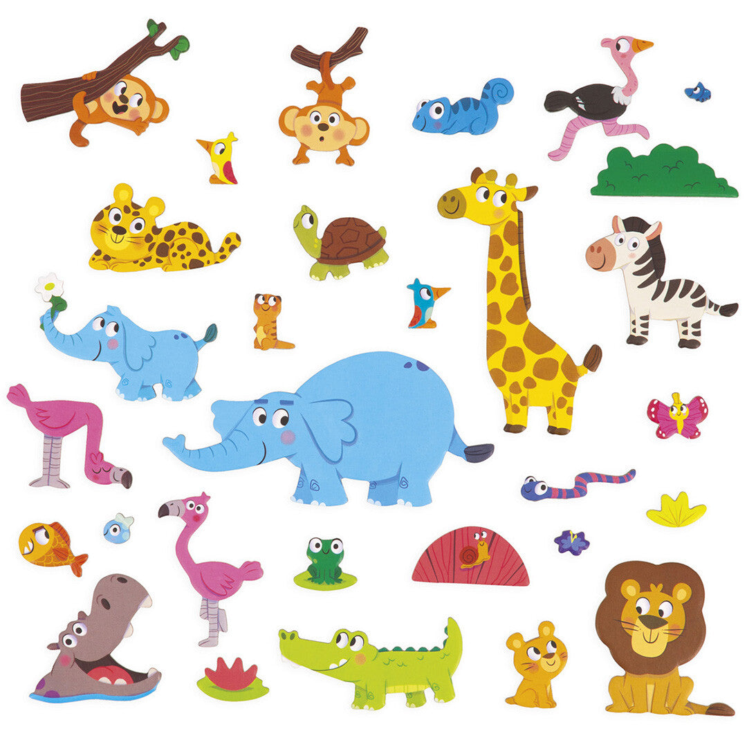Een collectie van Janod magneten met diverse Afrikaanse dieren, waaronder een giraffe, zebra, olifant en leeuw.