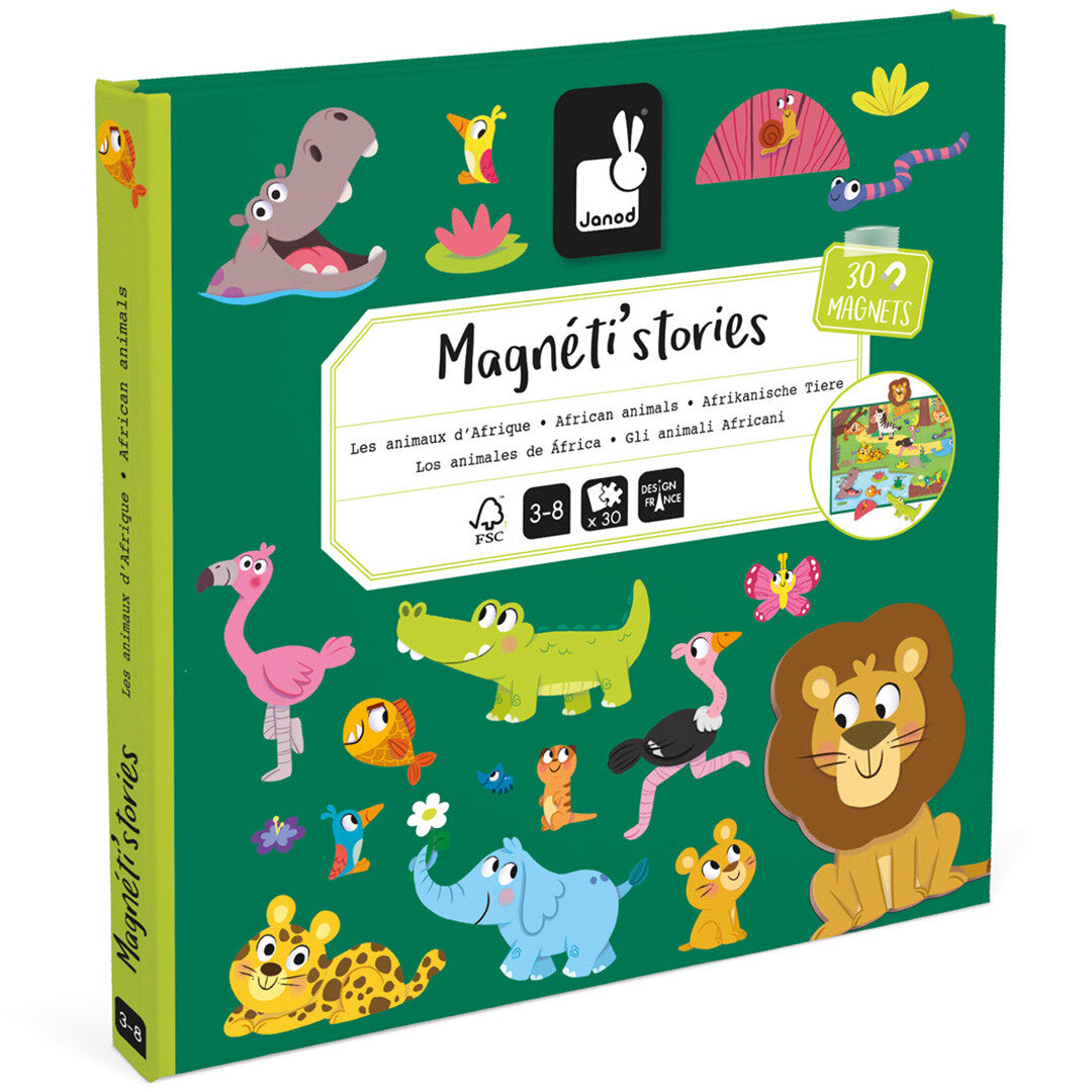 De gesloten verpakking van het Janod Magnéti'stories magnetisch speelboek met Afrikaanse dieren.