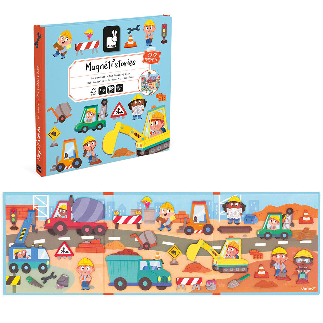 Janod Magnéti'stories magneetboek bouwterrein met de open speelset en de verpakking.