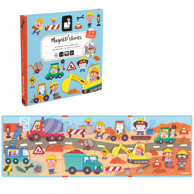 Janod Magnéti'stories magneetboek bouwterrein met de open speelset en de verpakking.