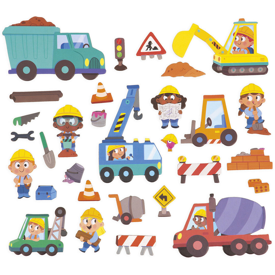 Een overzicht van alle 30 magnetische figuren en voertuigen van de bouwterrein speelset.