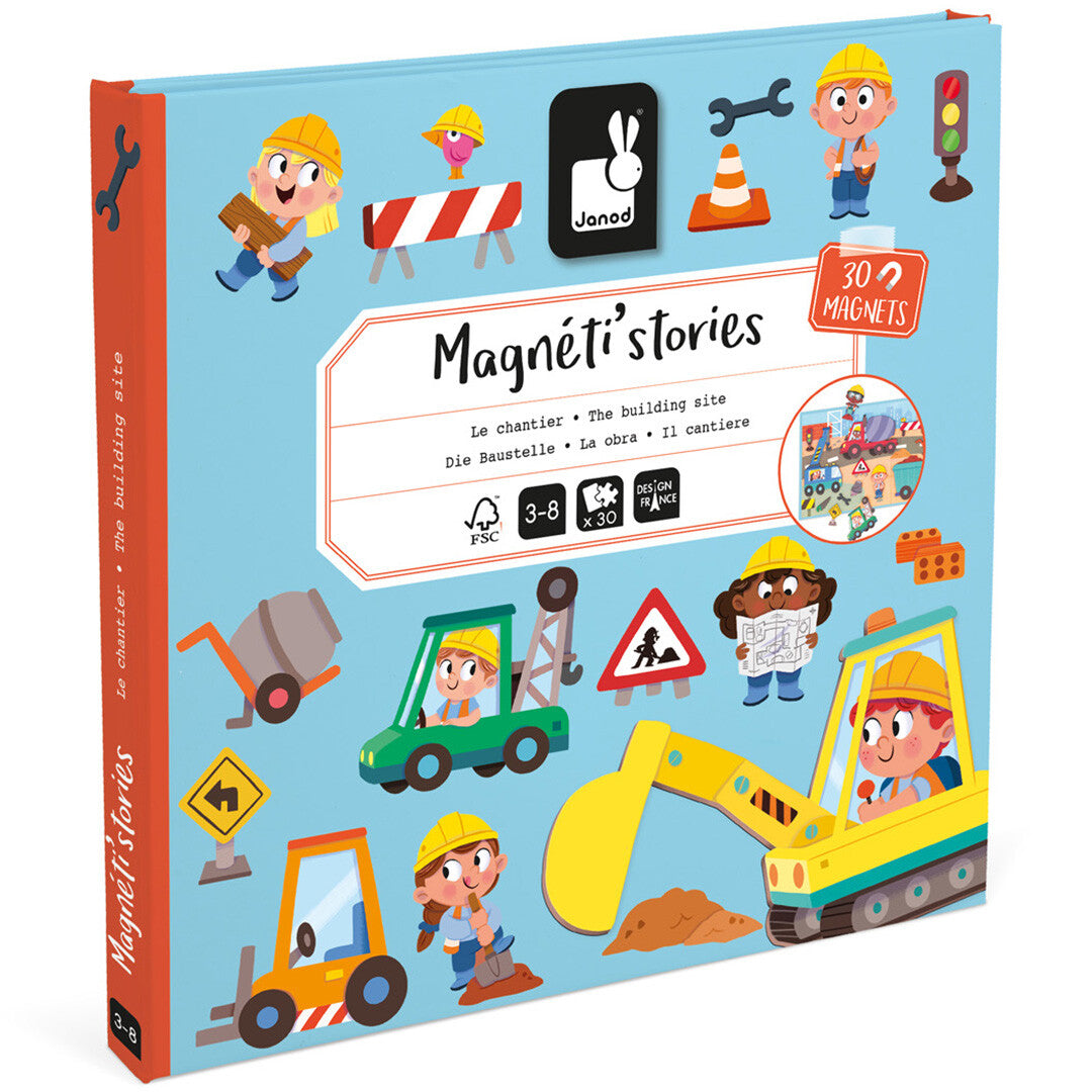 De verpakking van het Janod Magnéti'stories magneetboek bouwterrein met afbeeldingen van bouwvoertuigen en figuren.