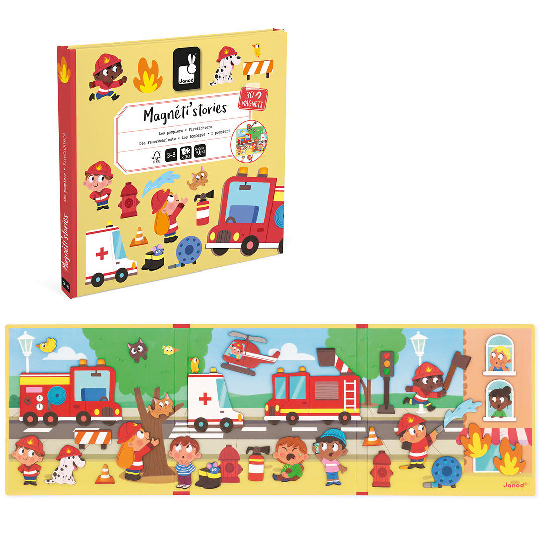 Janod Magnéti'stories brandweer magneetboek en de open speelscène met alle brandweermagneten erop.