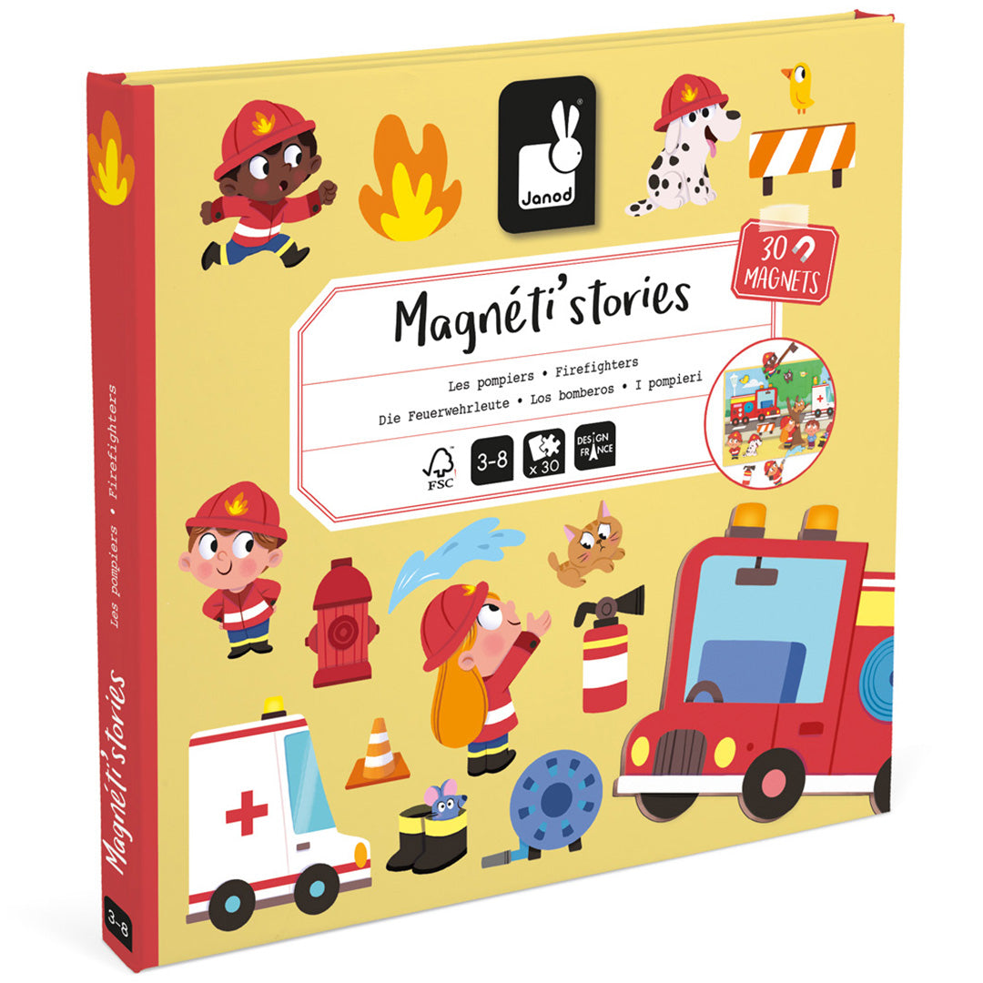 Janod Magnéti'stories brandweer magneetboek verpakking met illustraties van brandweerlieden en voertuigen.