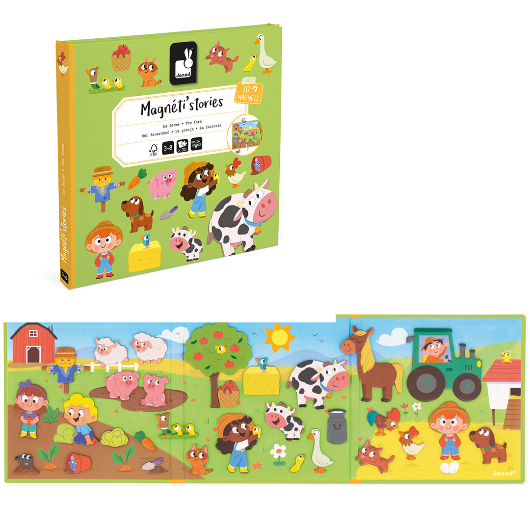 Janod Magnéti'stories boerderij magneetboek in de verpakking, met het opengeklapte boek en losse magneten.