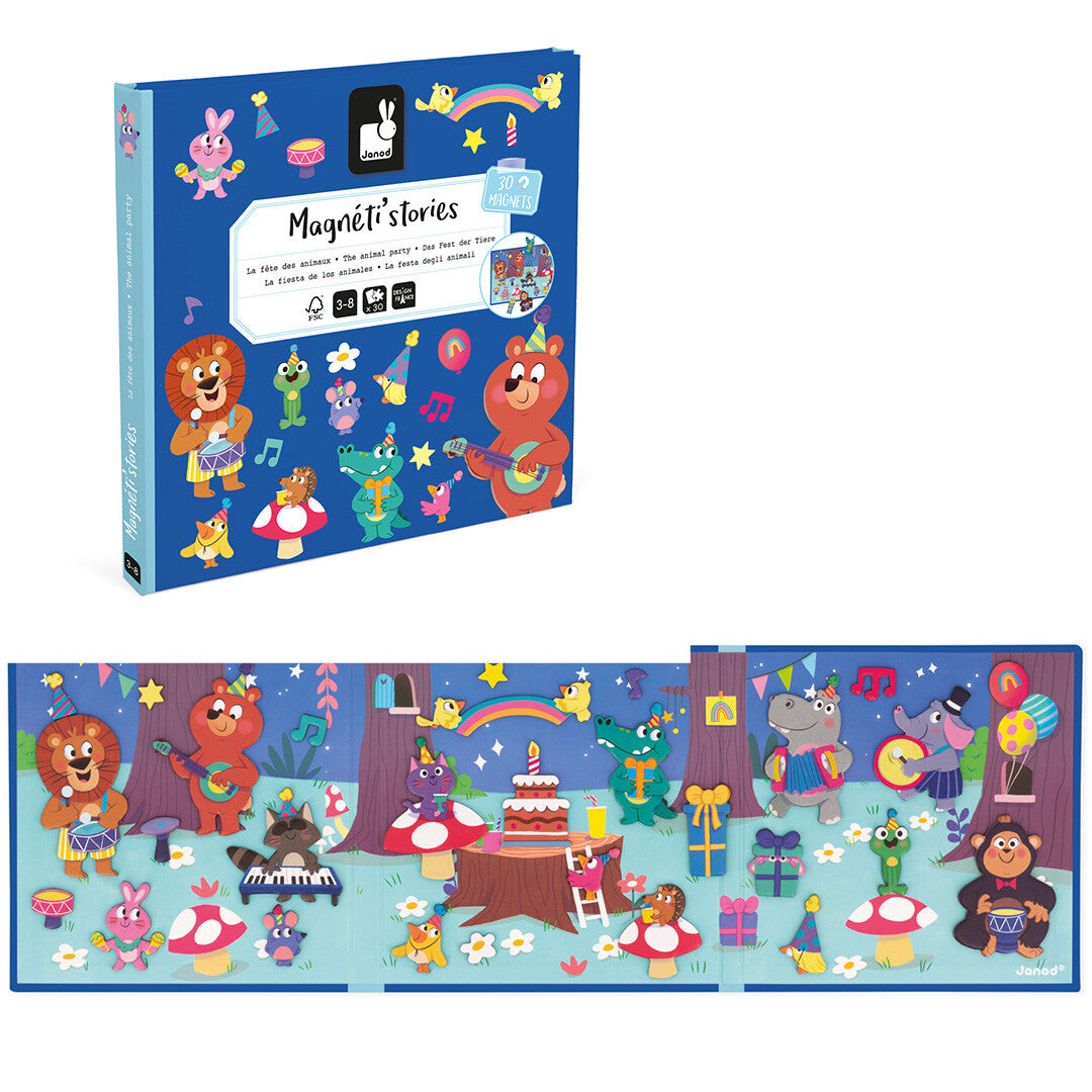 Janod magnetisch speelboek 'Magnéti'stories Dierenfeest' met een illustratie van feestende dieren op de voorkant.