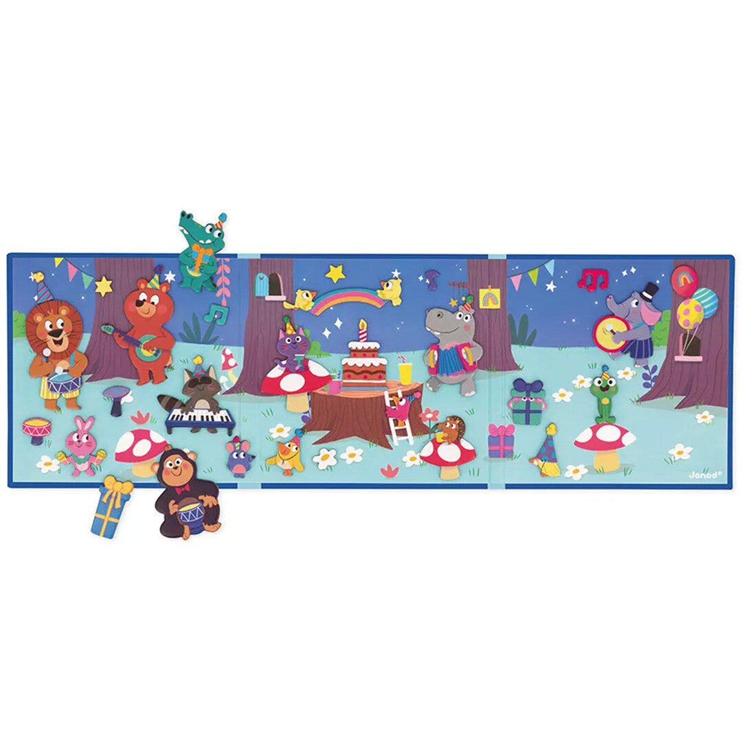 Het Janod magnetische speelbord is volledig opengeklapt en toont een bosscène met alle magnetische dierenfiguren die een feest vieren.